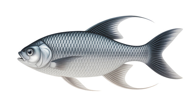 Silver-scaled freshwater fish swimming isolated against a pure white background with underwater swimming wildlife creature isolated freshwater undersea vertebrate glistening