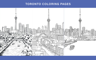 Fototapeta premium Toronto black and white coloring pages collection. Canada urban city skyline with tower, skyscrapers, buildings, landmarks outlines for colouring book. Vector sketch arts