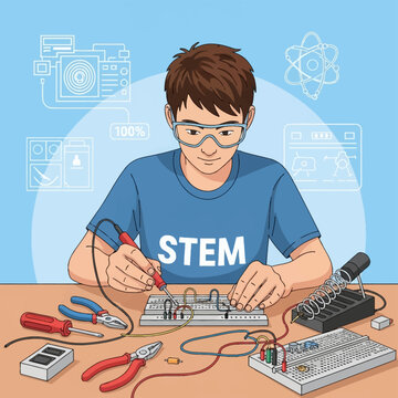 Teenager in safety goggles and blue STEM t-shirt soldering electronic components on a breadboard at a workshop desk with pliers, screwdriver, and technical diagram background.
