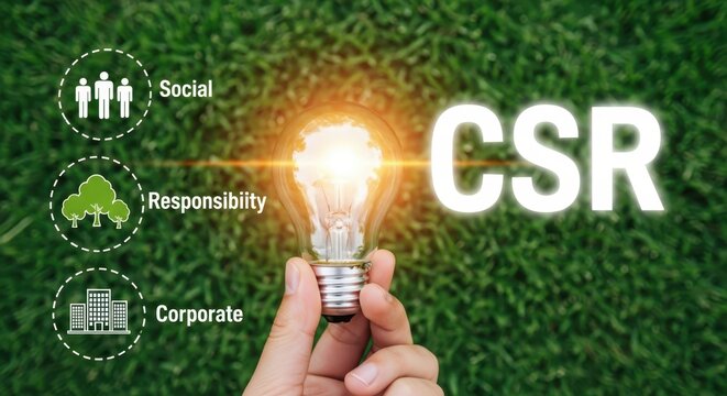 Corporate Social Responsibility CSR Concept with Hand Holding Glowing Light Bulb over Green Grass Background