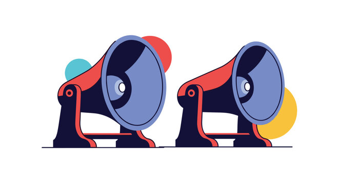 Pair of vintage megaphone speakers in red and blue colors arranged on a white background with decorative dots.