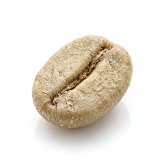 Fototapeta premium Macro close up of a single raw green unroasted coffee bean isolated on white background.