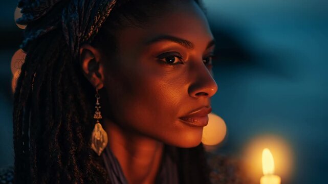 Pensive African American woman holding a glowing candle at night vigil