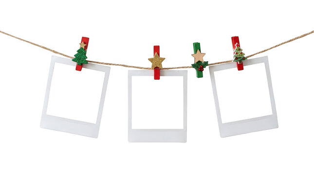 Three photo frames hanging on a string with christmas clips isolated on transparent background