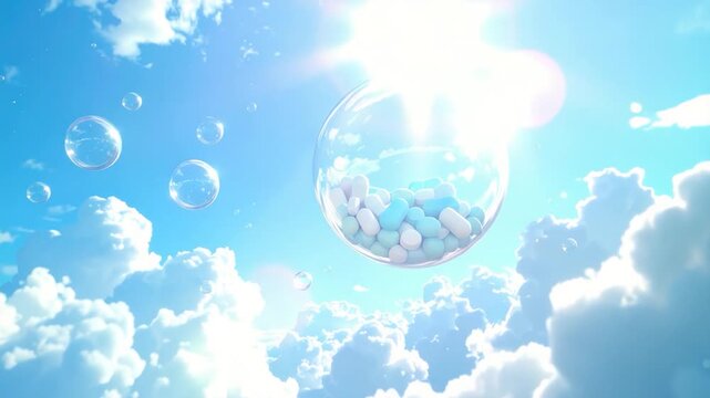 Pills floating in a bubble in a clear sky, surrounded by clouds and sunlight