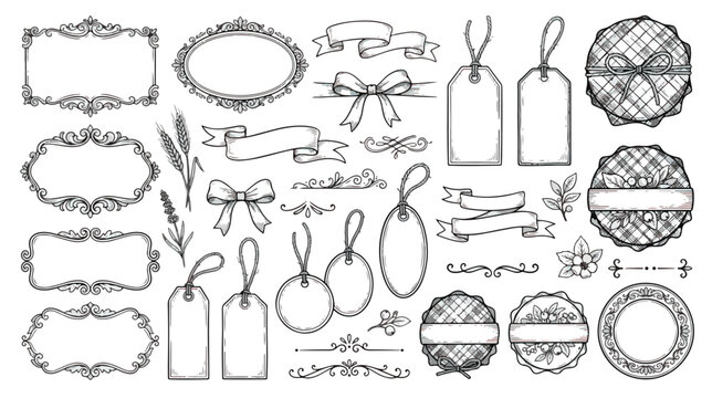 Vintage hand drawn frames and labels set, rustic sketch decorative borders and gift tags, elegant black ink floral ornaments and ribbons vector