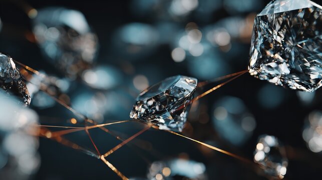 Abstract macro visualization of connected diamonds with golden threads