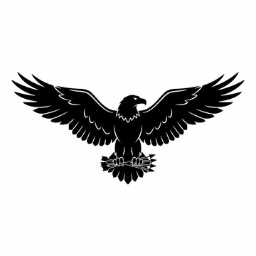 Vector illustration of a majestic black eagle with outstretched wings clutching an arrow in its talons symbolizing strength power and freedom set against a white background