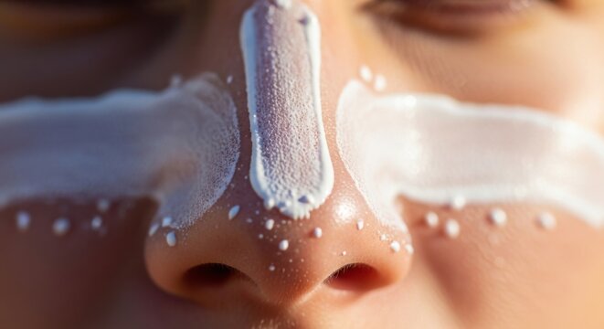 Close-Up of White Sunscreen Applied on Face for UV Protection and Sun Safety in Summer