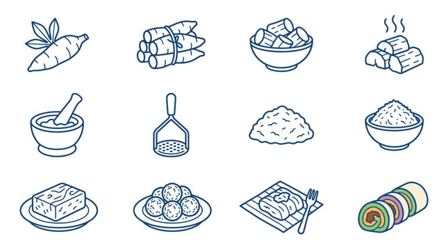 Indonesian staple food icons featuring cassava and rice.