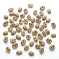 Obraz premium Scattered raw green unroasted Arabica coffee beans isolated on white background.