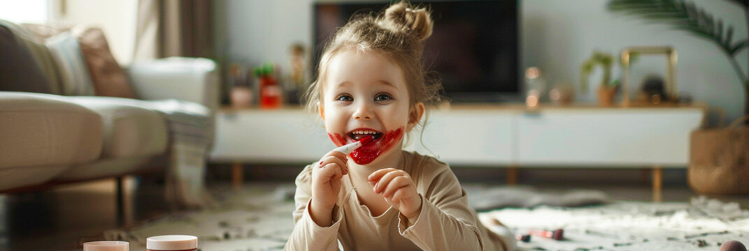 Little Girl Playing with Makeup at Home