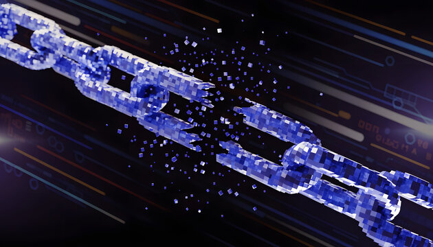 Digital chain breaking apart, conceptual 3d illustration of a broken blockchain link, data security breach, cyber attack, or system failure concept
