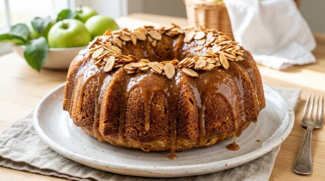 Freshly Baked Apple Bundt Cake with Drizzled Caramel Glaze and Toasted Sliced Almonds on a Rustic Plate with Green Apples and Linen Napkin Background