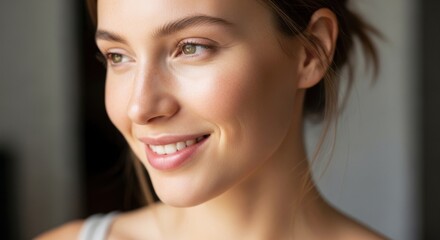 Naklejka premium Close-up Portrait of Beautiful Young Woman with Radiant Glowing Skin and Natural Smile for Beauty and Skincare Concept
