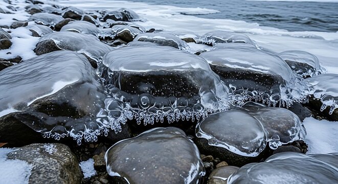 Cold Rocky Stream with Flowing Water and Ice.