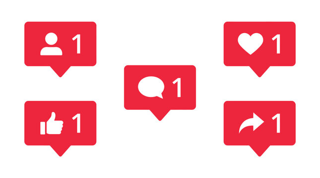 Five vibrant red social media notification icons featuring white symbols