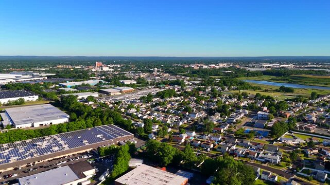 West Carteret New Jersey industrial parks to residential neighborhoods along the Rahway River aerial drone video 2026