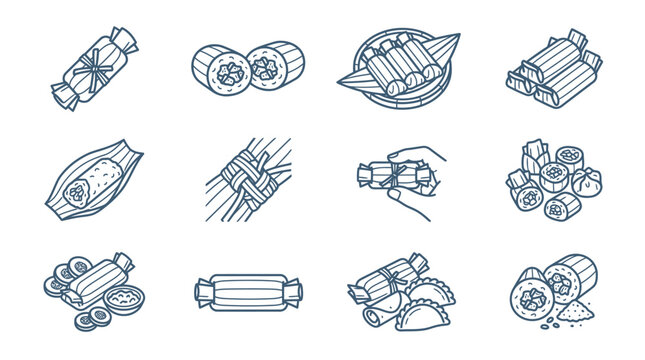 Traditional wrapped food and sticky rice snack icons.