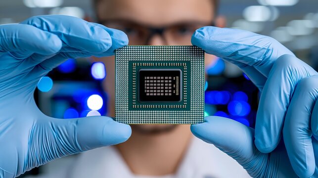 Engineer examining microchip processor in semiconductor lab