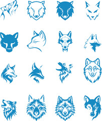 Fototapeta premium Stylized Wolf Head Icon set Wild Animal Face Logo Predator Mascot Tribal Emblem Fierce Canine Wildlife Symbol Minimal Silhouette Graphic Design Isolated Illustration Artwork with transparent backgroun