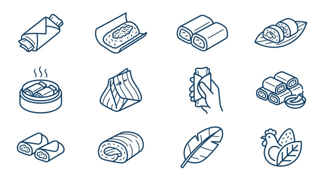 Steamed dumplings and banana leaf wrap line icons.