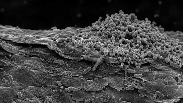 Microscopic skin surface with bacterial overgrowth cluster shown in monochrome electron microscope view, displaying pathogenic colony on disrupted cellular tissue