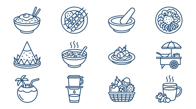 Traditional Indonesian food icons featuring rice and satay