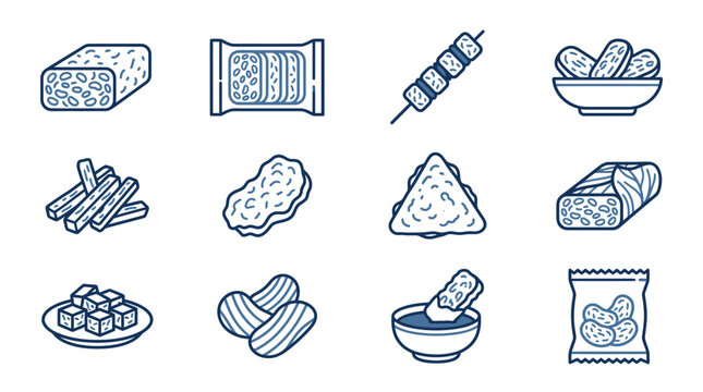 Traditional Indonesian tempeh and local snack food line icons.