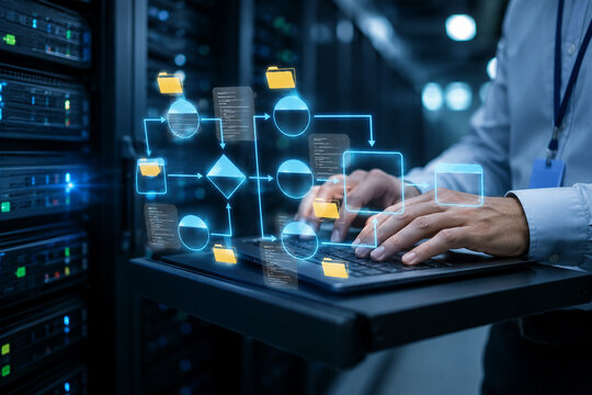 AI generated cloud computing workflow modern data center secure server infrastructure enterprise automation scalable networking reliable storage digital technology