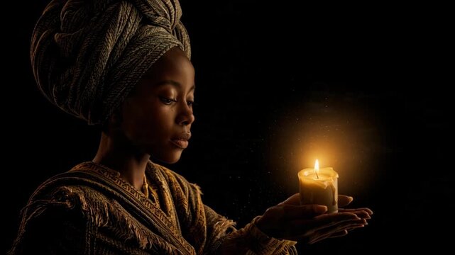 Young Black girl holding a glowing candle, reflecting on history and heritage