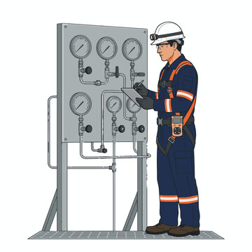 Worker checking machine guarding safety controls on industrial panel board