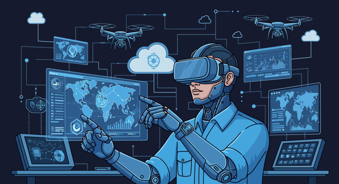 Man wearing virtual reality headset interacting with futuristic technology interface.