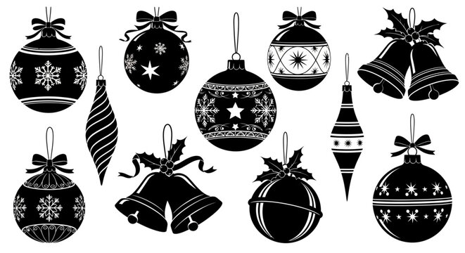 Black and white christmas ornaments and bells with festive designs