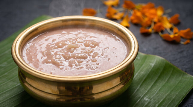 Steaming sweet palada payasam dessert in brass bowl on banana leaf