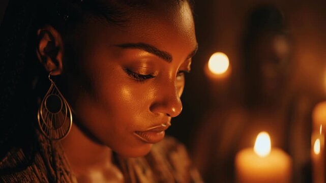 A serene woman reflects by candlelight during a quiet commemorative event.