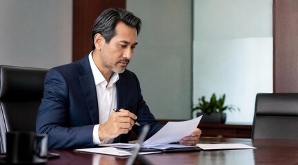 Fototapeta premium Mature Asian Businessman Reviewing Contract in Corporate Office