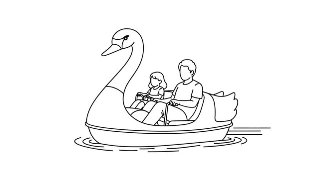 Family enjoying swan shaped pedal boat ride together.