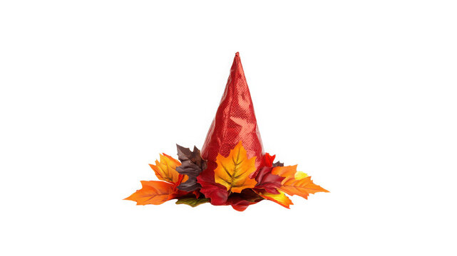 Witch hat placed on a pile of vibrant autumn leaves creates a festive seasonal composition suitable for fall celebrations and decorative holiday themes in a simple white background studio setting.
