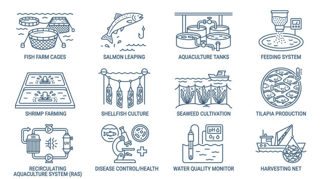 Aquaculture systems and sustainable fish farming diagrams.
