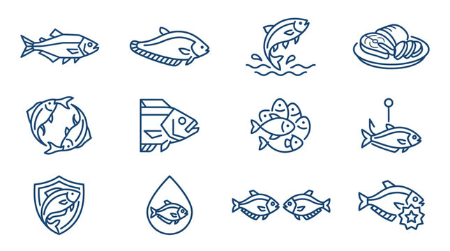 Assorted saltwater fish species and product icons.