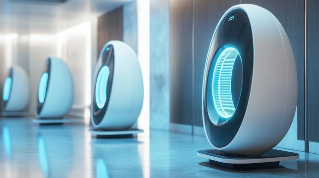 Pods with glowing blue circular light are arranged in a modern interior corridor to create a futuristic atmosphere for advanced technology research facilities or high-end wellness clinics in the city.