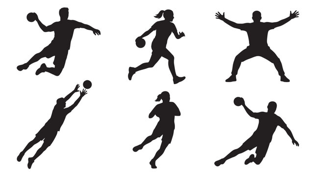 Athletes Playing Handball In Dynamic Poses Black Silhouette