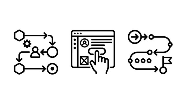 User flow and interaction design process line icons with workflow interaction interface navigation planning development structure optimization guidance prototype wireframe application