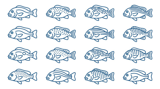 Diverse fish species and aquatic animal icons.