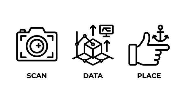 Data scanning and positioning vector line icons with positioning location analytics business technology research tracking navigation development optimization illustration planning strategy