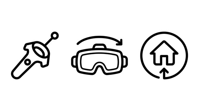 Virtual reality gear and home reset line icons with controller technology interface entertainment immersion simulation navigation interactive metaverse software electronics experience