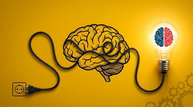 Power cable forming human brain connected to lightbulb for creativity