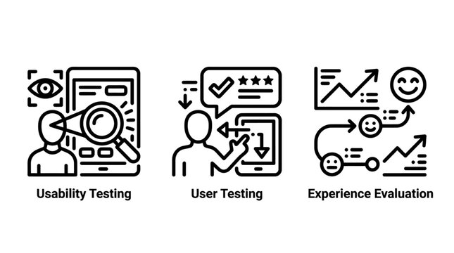 Usability testing user feedback and customer experience evaluation process icon set with usability feedback customer experience evaluation research interface magnifying satisfaction analysis