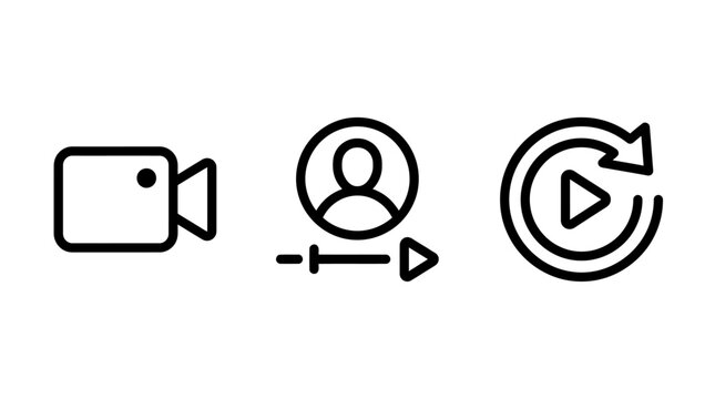 Content and user media playback control line icons collection with playback interface identity settings navigation software streaming technology